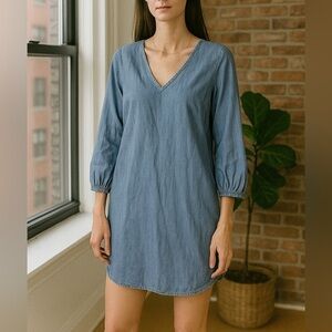 J. Crew Blue Chambray V-Neck 3/4 Sleeve Pullover Dress size XS